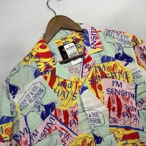 Petals And Peacocks Shirt Mens Medium Youve Got Mail Mix Print Woven Graphic NEW